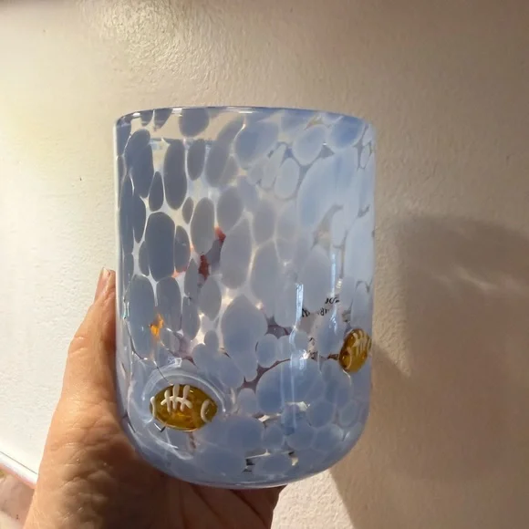 Anthropologie Blue Speckled Glass Tumbler w/ footballs. - Picture 6 of 7